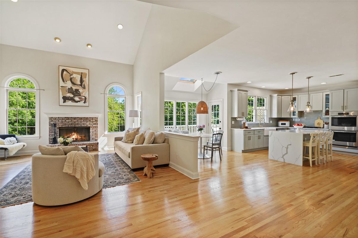 Dining room, Fireplace, Interior, Kitchen, Living room, Pendant Lights, Recessed Lighting, Wood Texture Flooring
