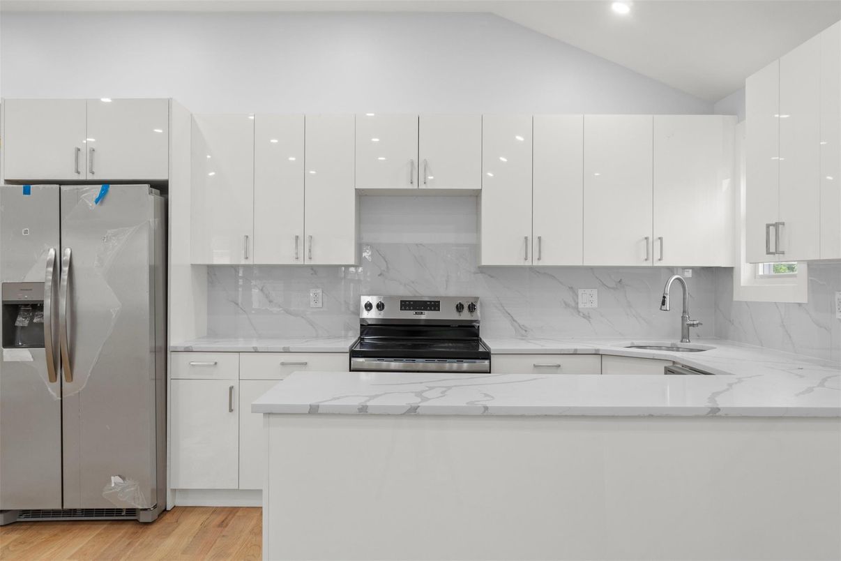 Interior, Kitchen, Marble Walls, Recessed Lighting, Wood Texture Flooring