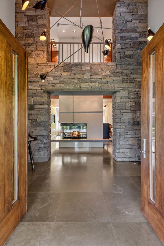 Fireplace, Interior, Pendant Lights, Stone Walls