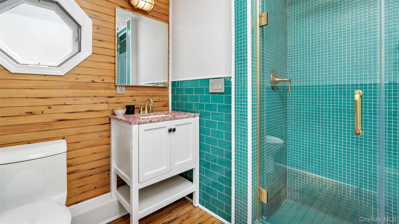 Bathroom, Glass Shower, Interior, Wood Texture Flooring, Wooden Walls