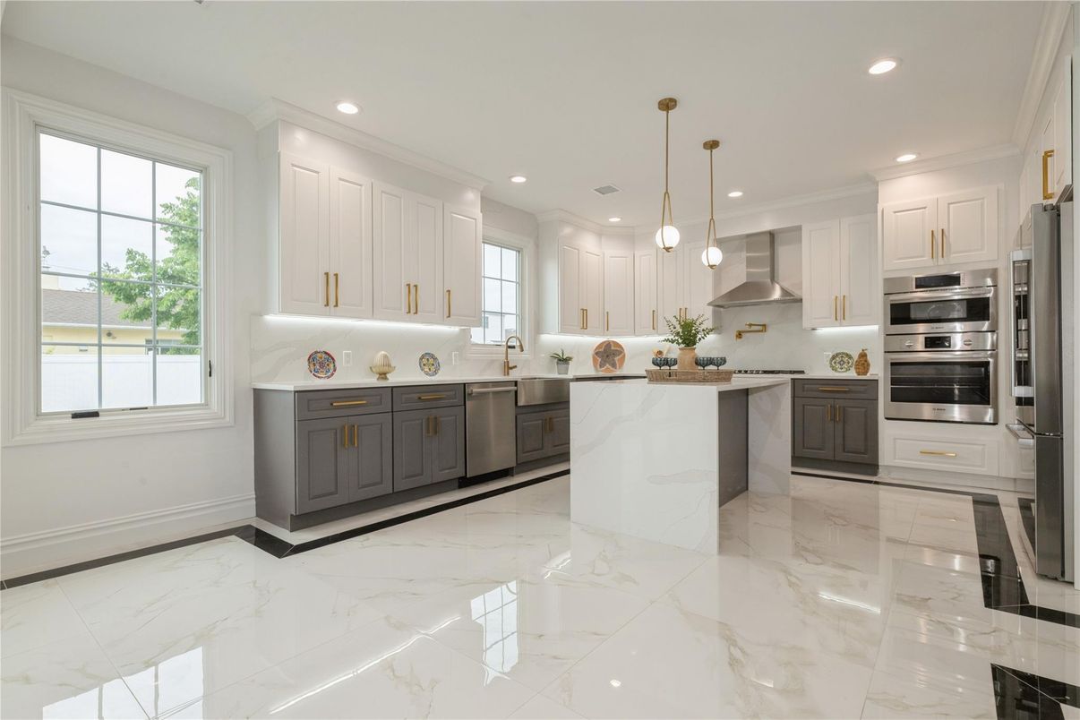 Interior, Kitchen, Marble, Pendant Lights, Recessed Lighting, Stainless Steel Appliances