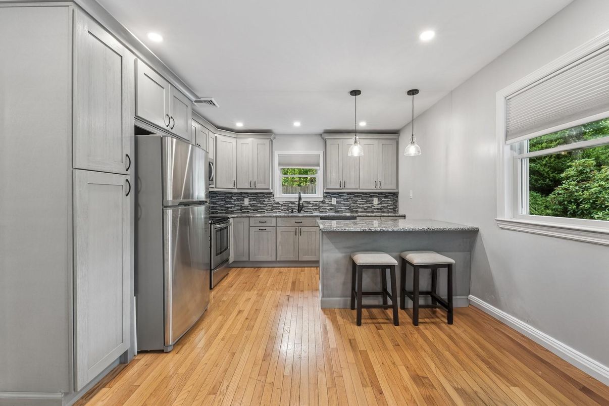 Interior, Kitchen, Pendant Lights, Recessed Lighting, Stainless Steel Appliances, Wood Texture Flooring
