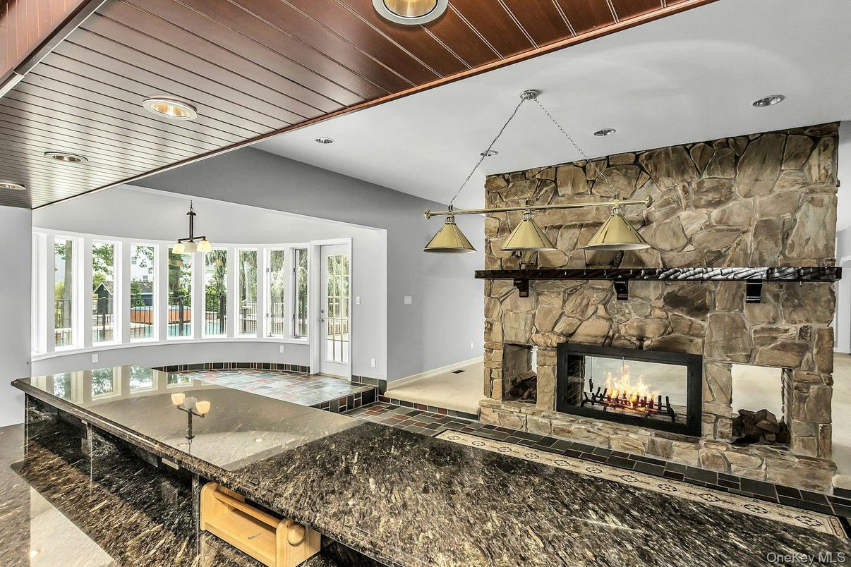 Fireplace, Interior, Pendant Lights, Recessed Lighting, Stone Walls, Wooden Ceilings