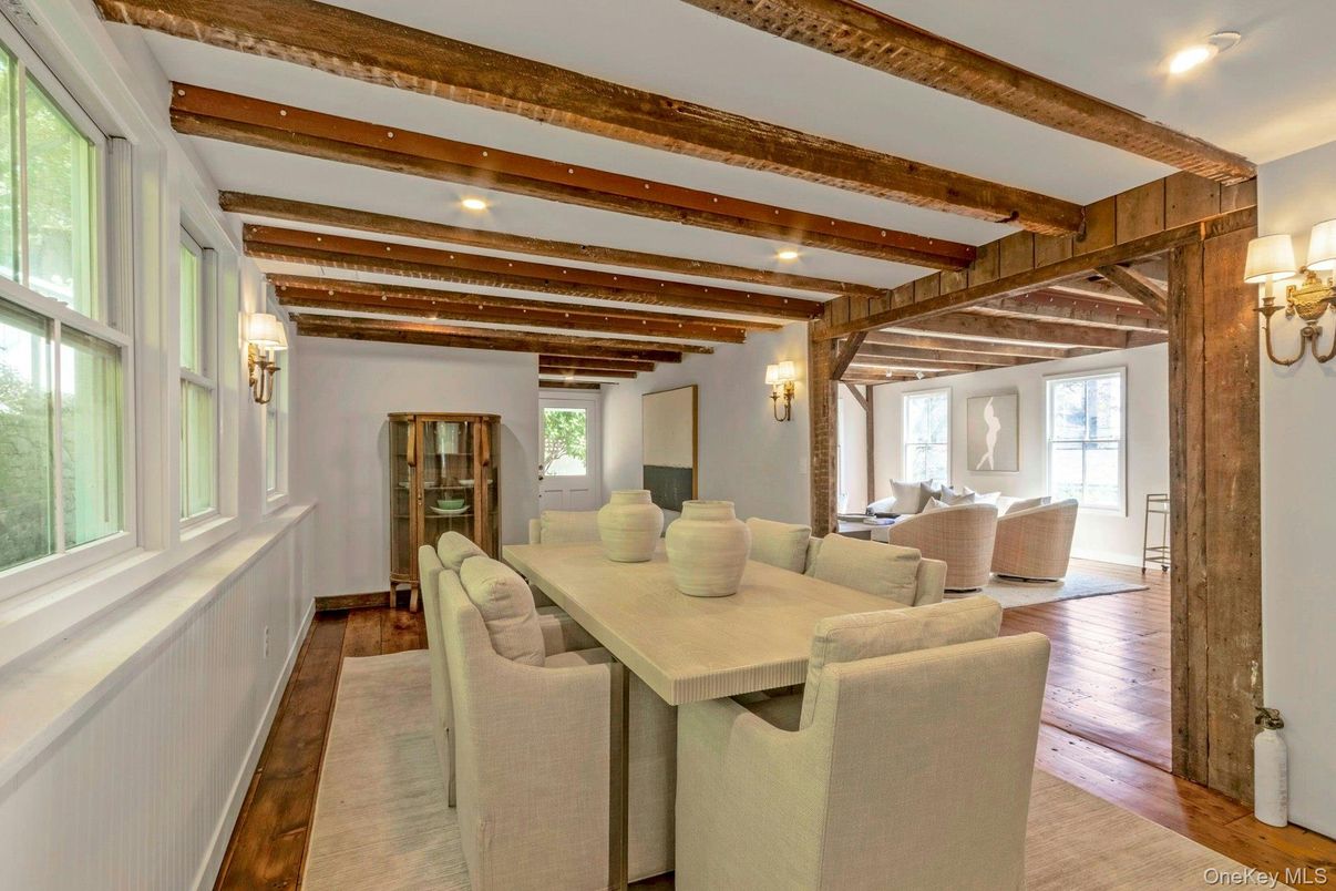 Dining room, Interior, Living room, Recessed Lighting, Wooden Beams, Wood Texture Flooring