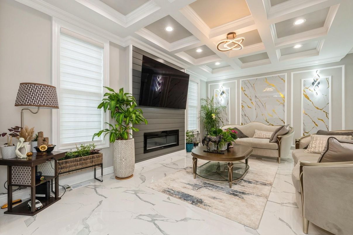 Fireplace, Interior, Living room, Marble, Recessed Lighting