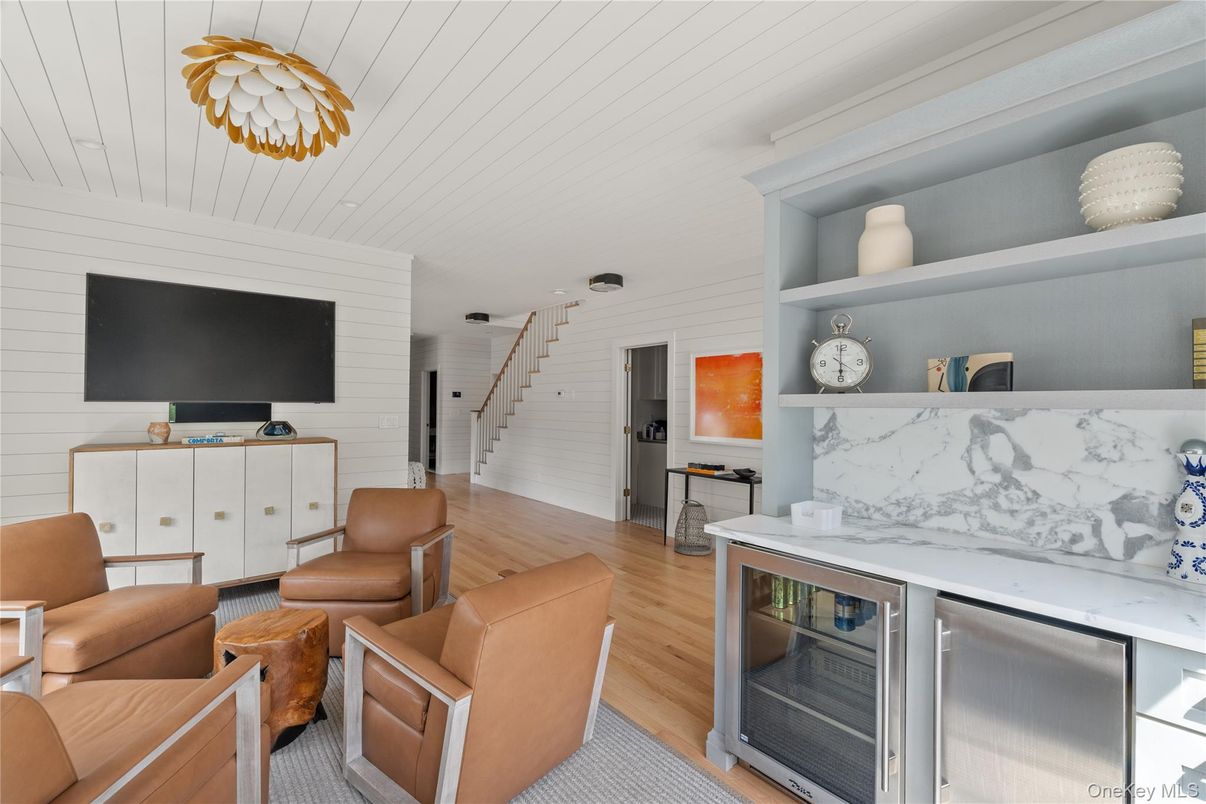 Interior, Kitchen, Living room, Marble Walls, Stainless Steel Appliances, Wood Texture Flooring