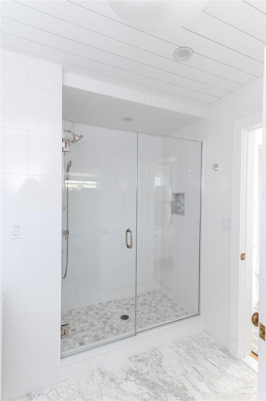 Bathroom, Glass Shower, Interior, Marble, Recessed Lighting