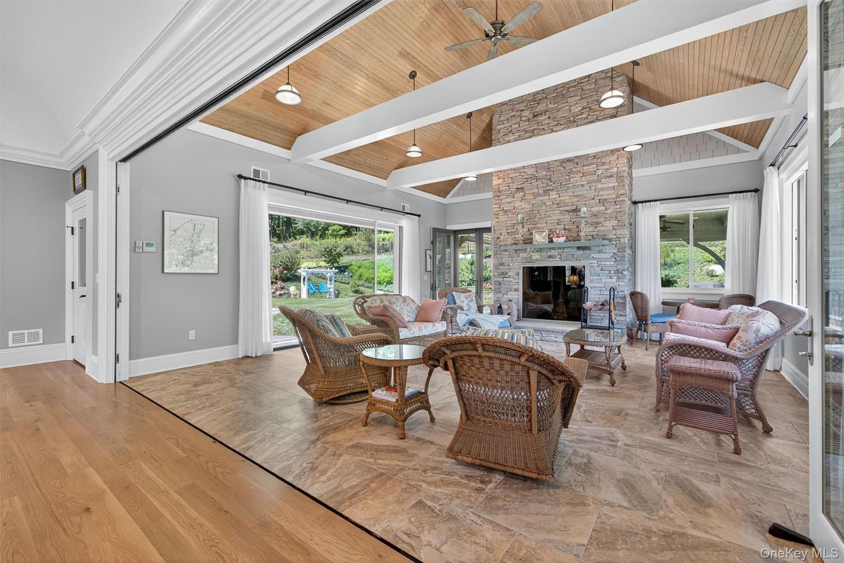 Fireplace, Interior, Living room, Pendant Lights, Stone Walls, Wooden Ceilings, Wood Texture Flooring