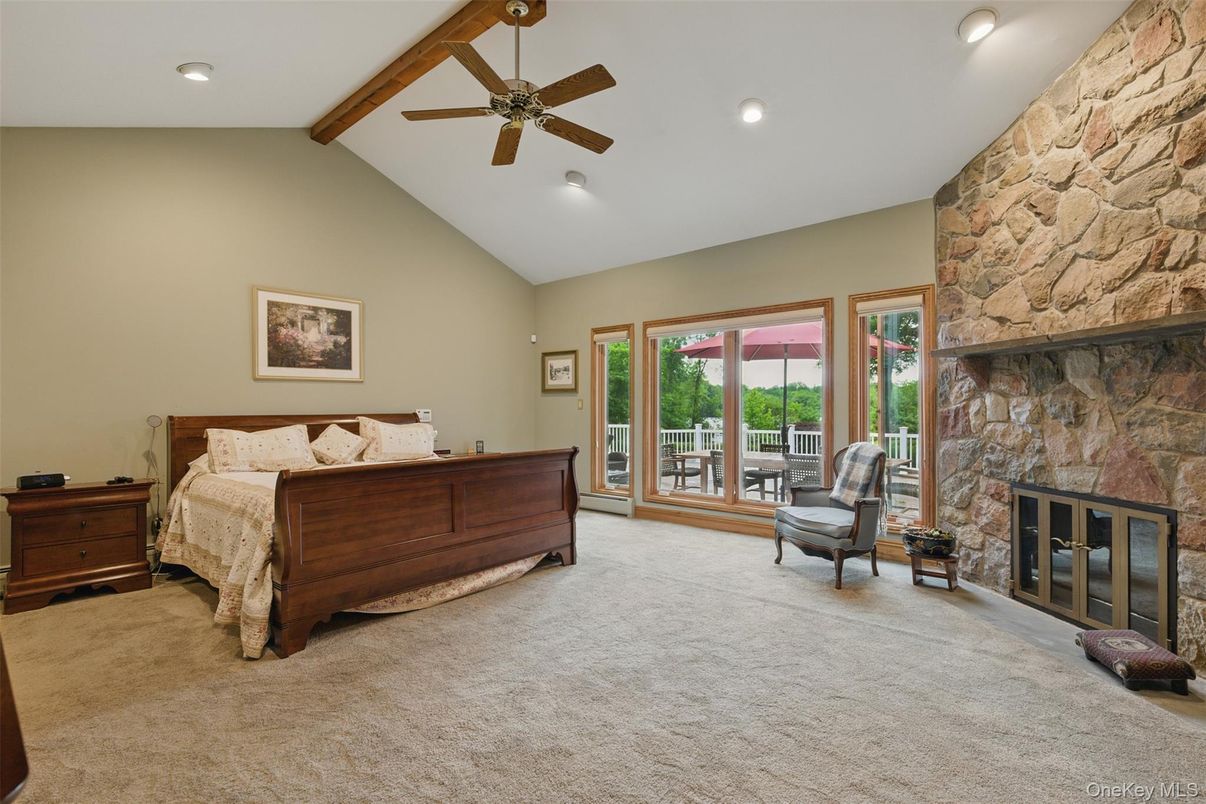 Bedroom, Fireplace, Interior, Recessed Lighting, Stone Walls, Wooden Beams