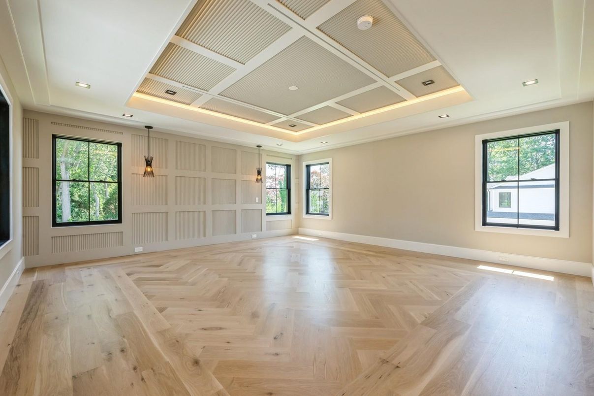Empty room, Interior, Pendant Lights, Recessed Lighting, Wood Texture Flooring
