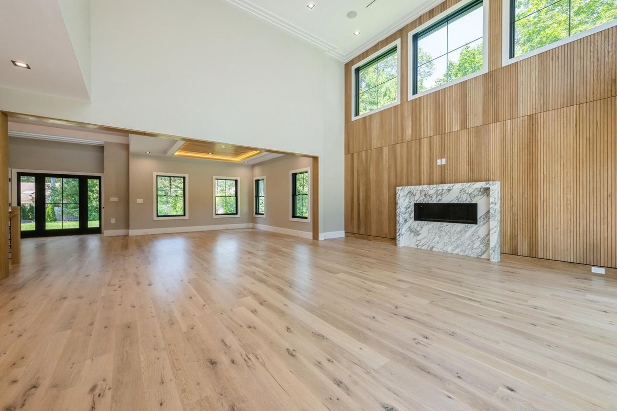Empty room, Fireplace, Interior, Recessed Lighting, Wood Texture Flooring