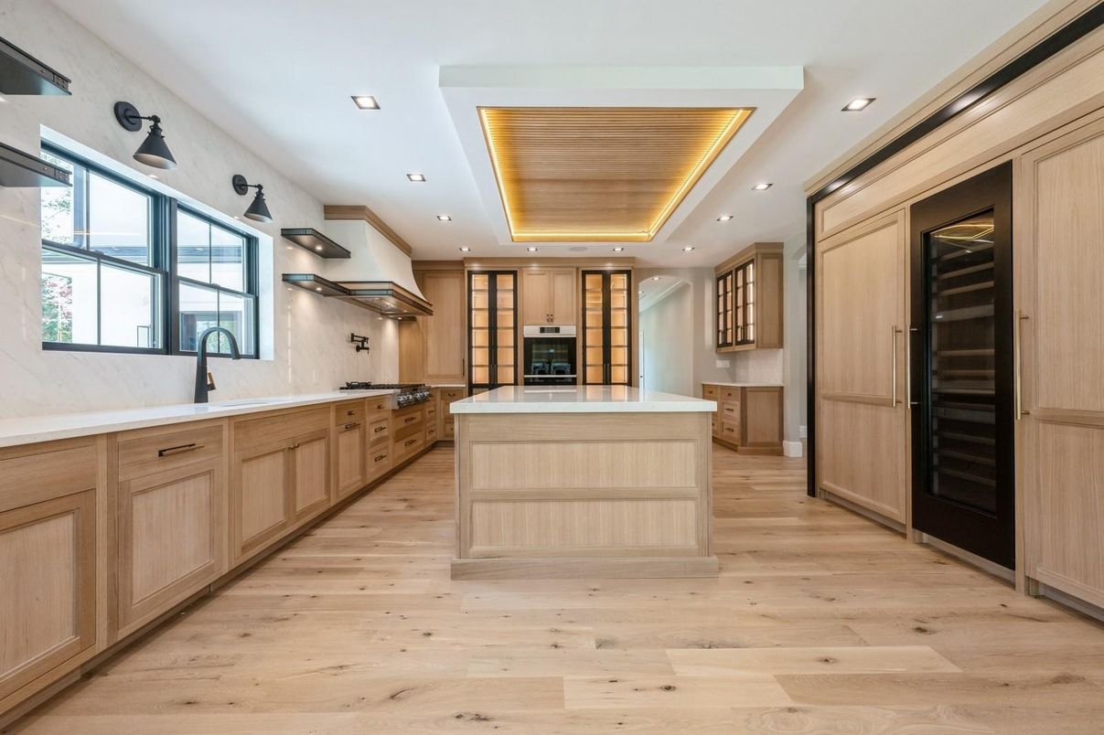 Interior, Kitchen, Recessed Lighting, Stainless Steel Appliances, Wooden Ceilings, Wood Texture Flooring