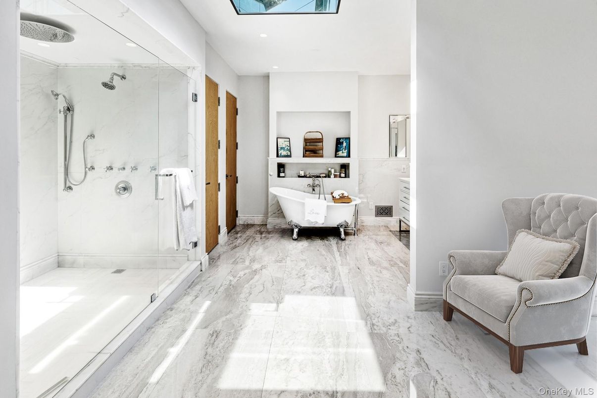 Bathroom, Free Standing Baths, Glass Shower, Interior, Marble, Marble Walls, Recessed Lighting