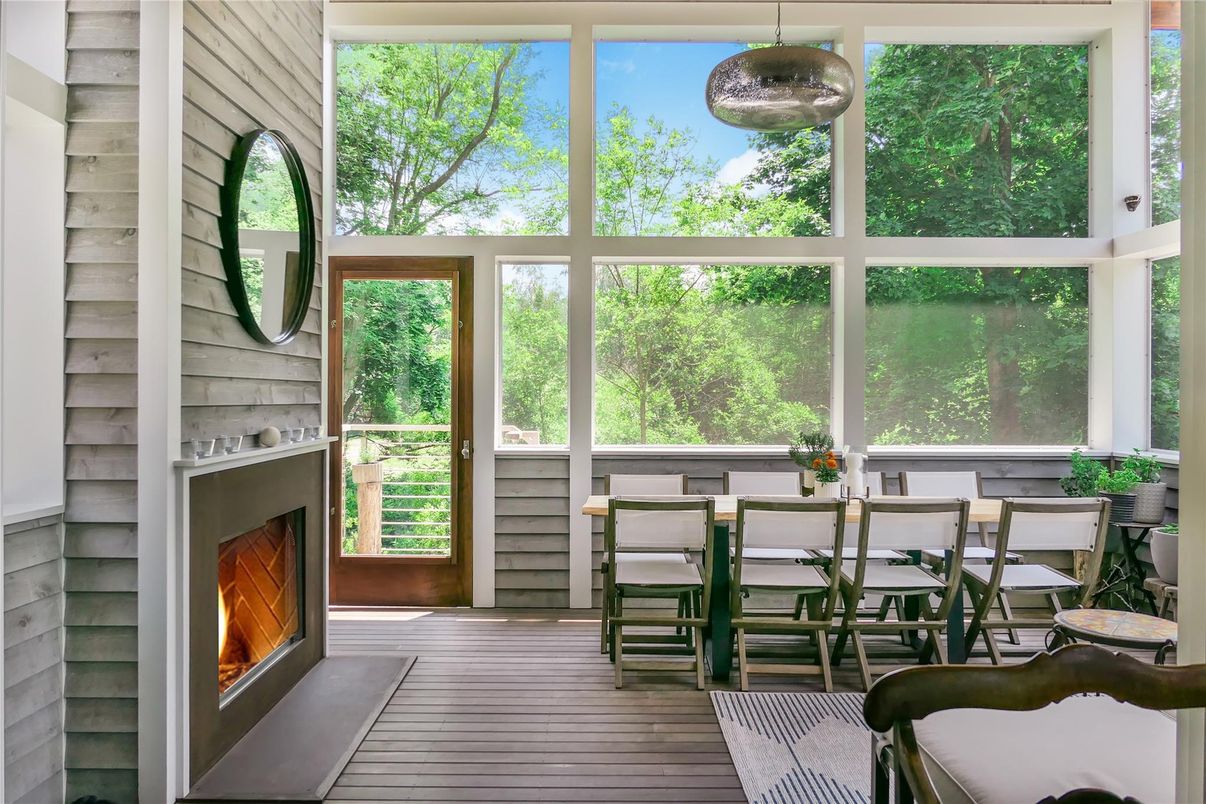 Dining room, Fireplace, Interior, Pendant Lights, Wood Texture Flooring