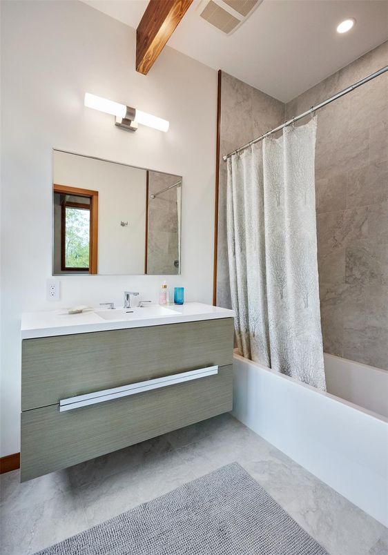 Bathroom, Interior, Recessed Lighting, Wooden Beams