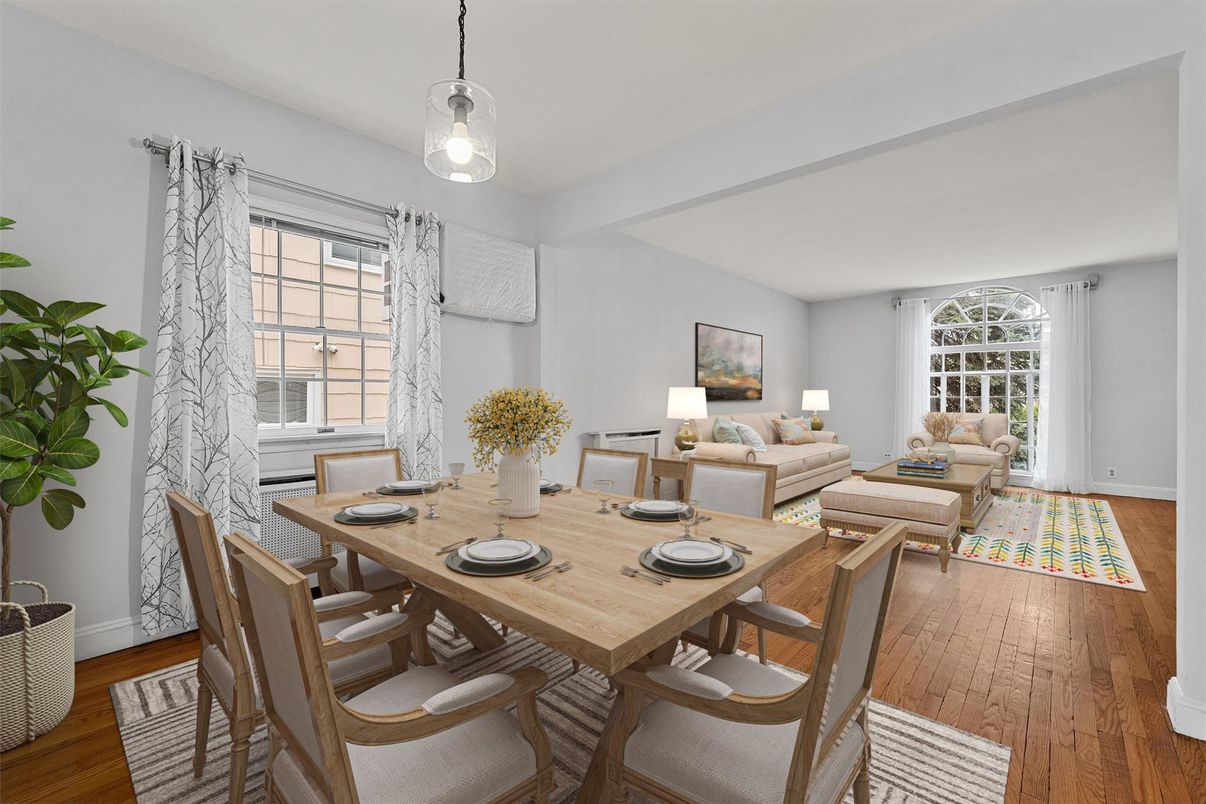Dining room, Interior, Living room, Pendant Lights, Wood Texture Flooring