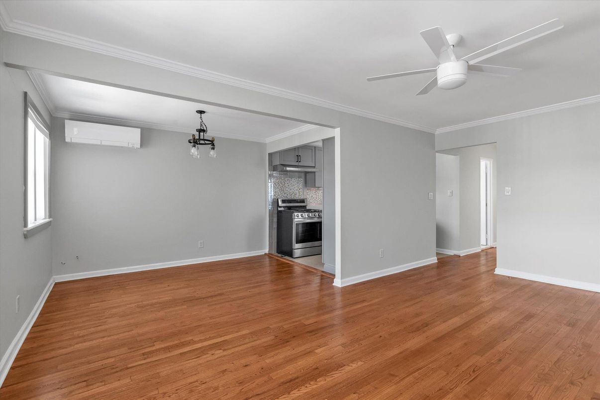 Empty room, Interior, Kitchen, Stainless Steel Appliances, Wood Texture Flooring