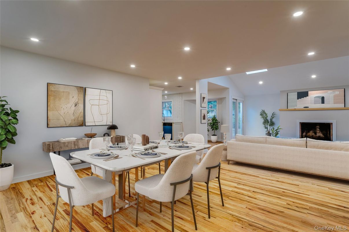 Dining room, Fireplace, Interior, Living room, Recessed Lighting, Wood Texture Flooring
