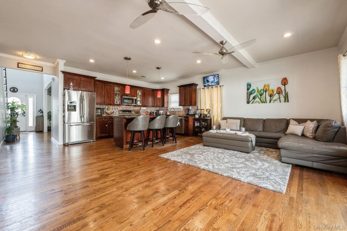 Interior, Kitchen, Living room, Recessed Lighting, Stainless Steel Appliances, Wood Texture Flooring