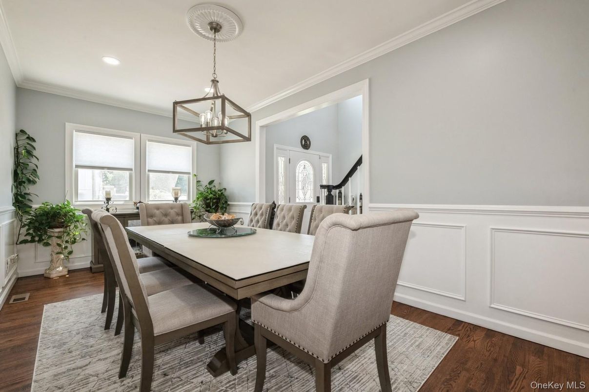 Dining room, Interior, Pendant Lights, Recessed Lighting, Wood Texture Flooring