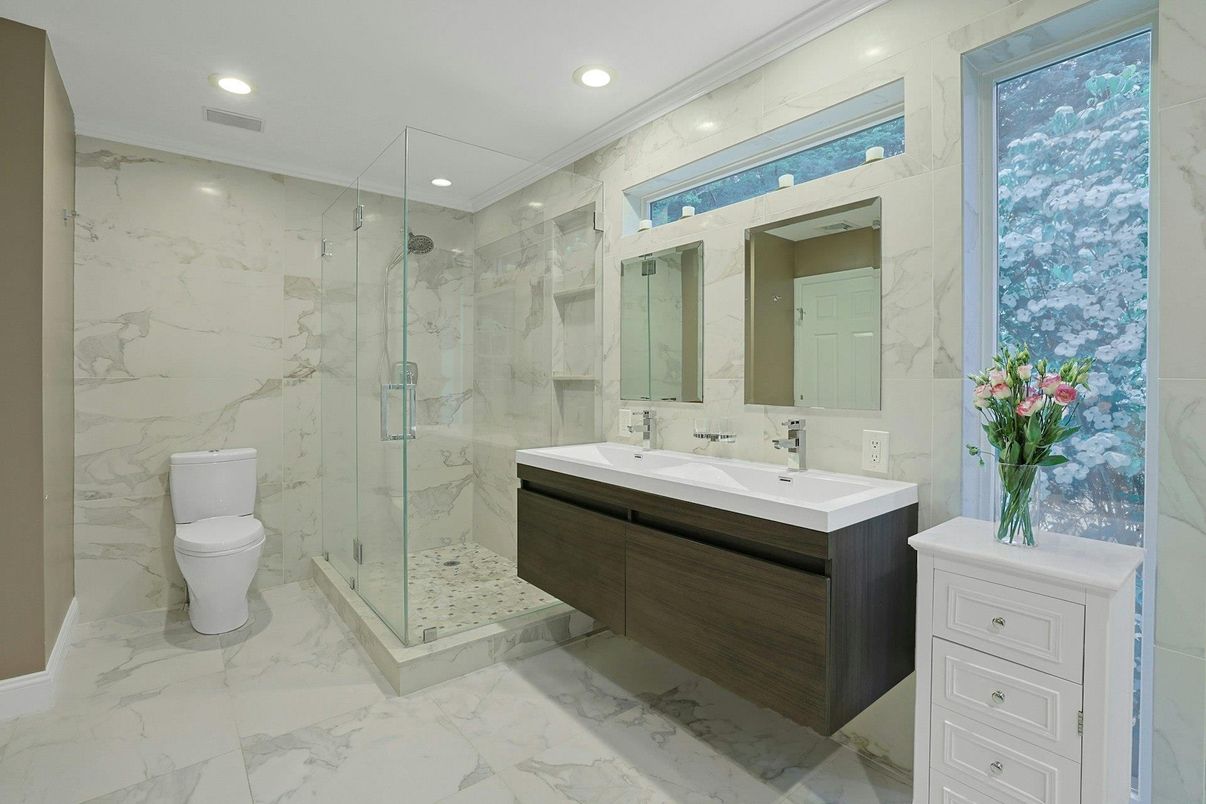 Bathroom, Glass Shower, Interior, Marble, Marble Walls, Recessed Lighting