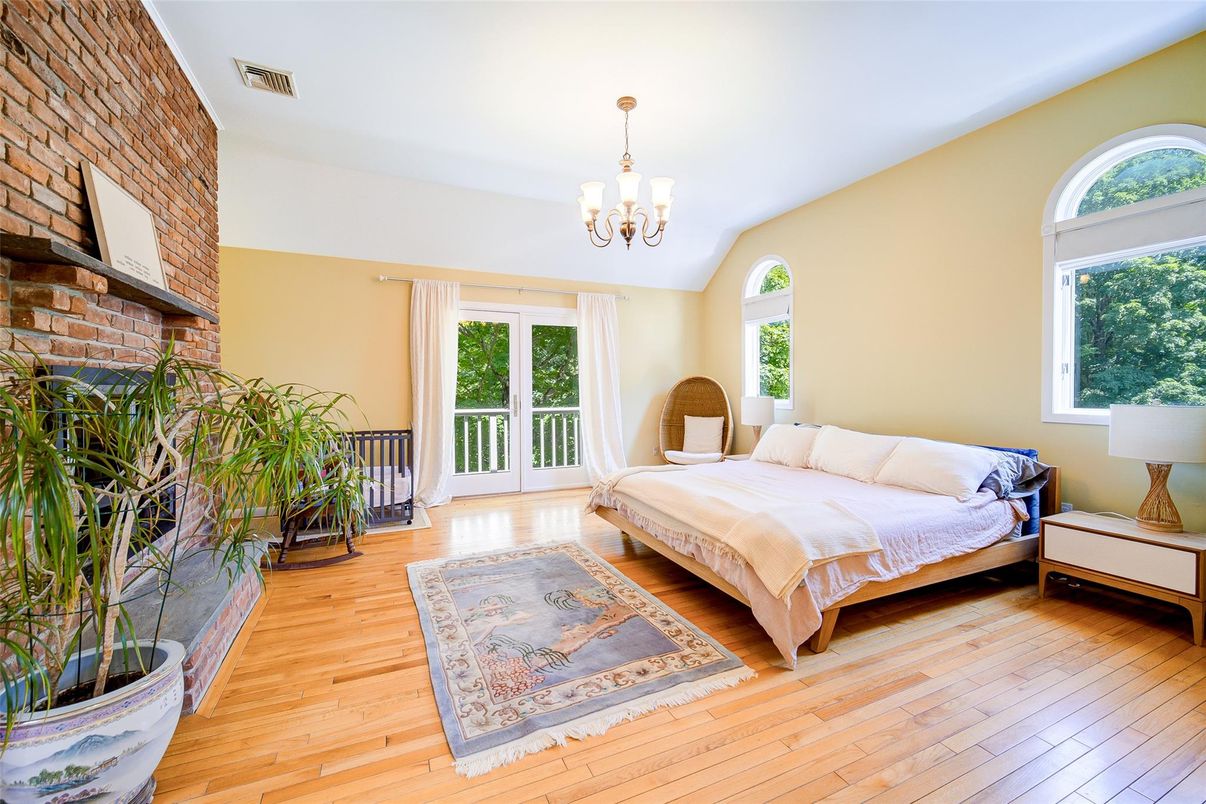 Bedroom, Chandelier, Interior, Stone Walls, Wood Texture Flooring