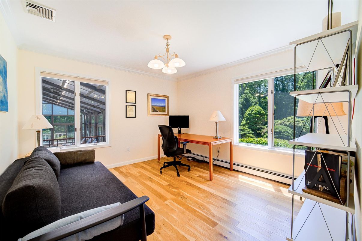 Chandelier, Home Office, Interior, Wood Texture Flooring