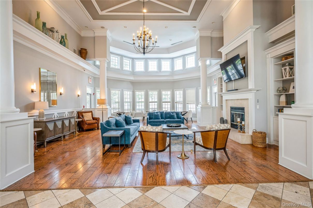 Chandelier, Fireplace, Interior, Living room, Recessed Lighting, Wood Texture Flooring
