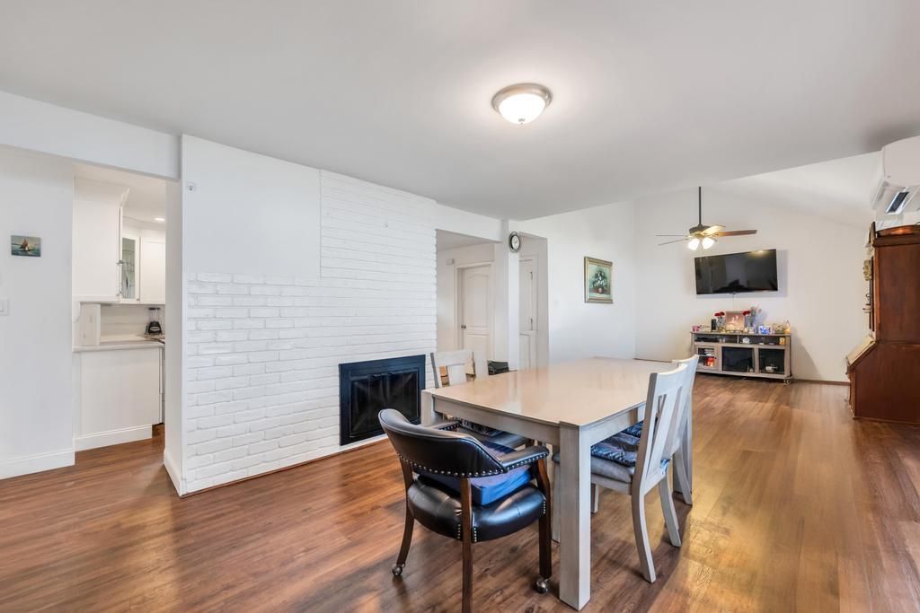 Dining room, Fireplace, Interior, Stone Walls, Wood Texture Flooring