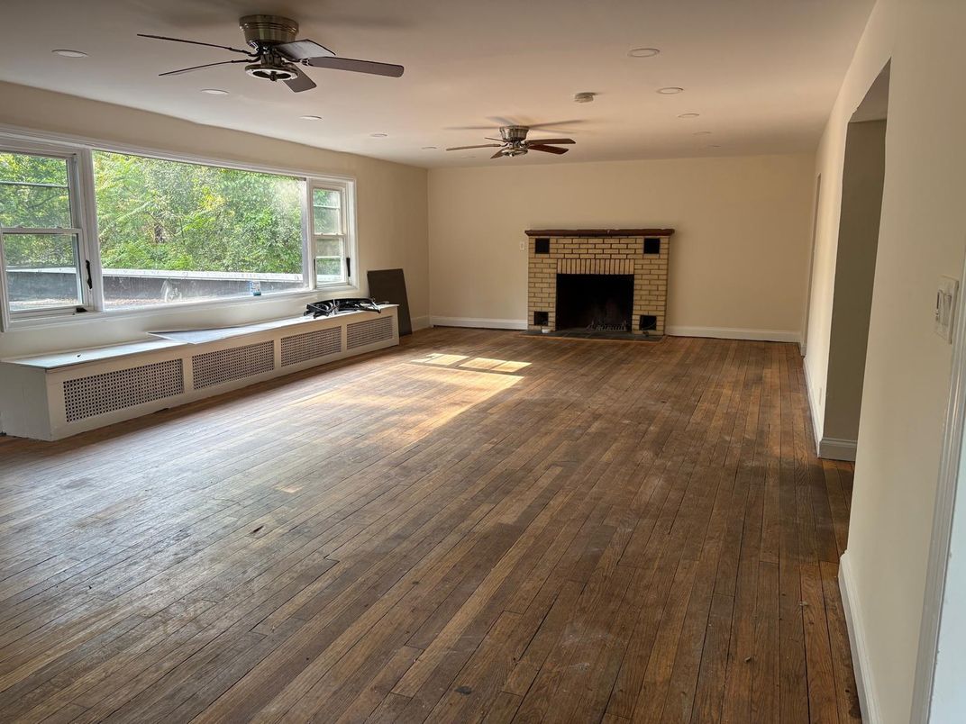 Empty room, Fireplace, Interior, Recessed Lighting, Wood Texture Flooring