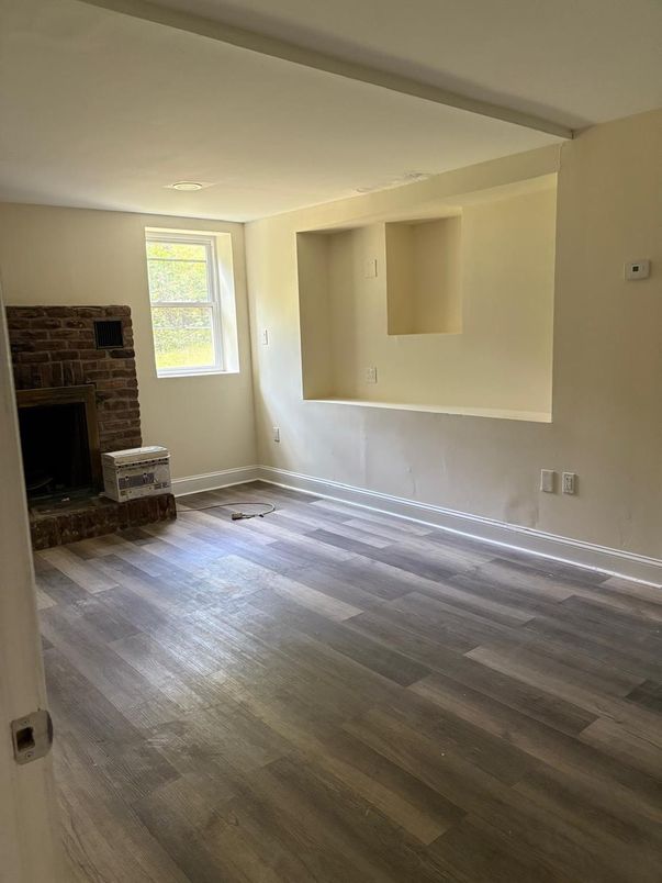 Empty room, Fireplace, Interior, Stone Walls, Wood Texture Flooring