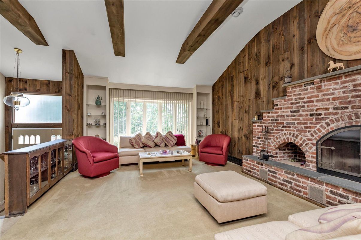 Fireplace, Interior, Living room, Pendant Lights, Stone Walls, Wooden Beams, Wooden Walls