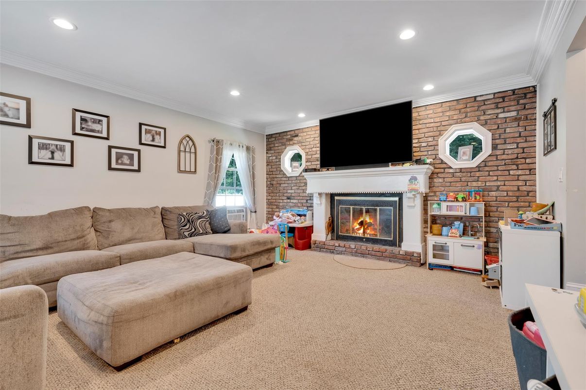 Fireplace, Interior, Living room, Recessed Lighting, Stone Walls