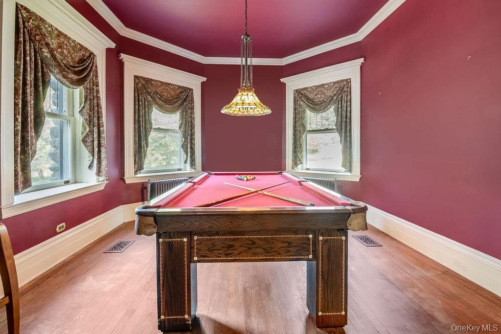 Billiard Table, Game Room, Interior, Pendant Lights, Wood Texture Flooring
