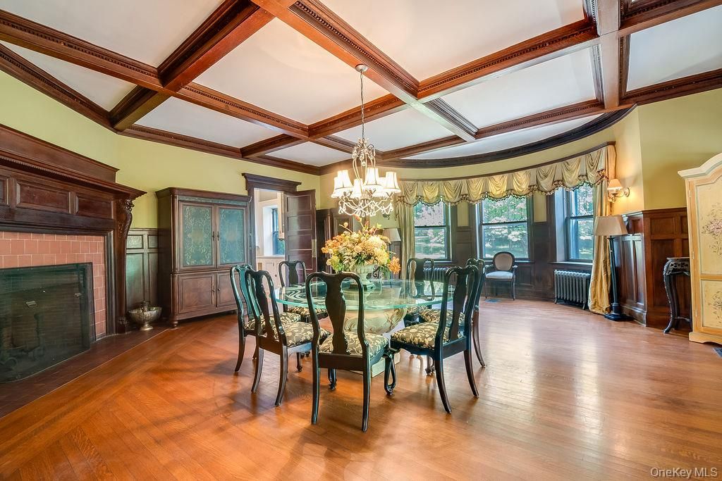 Chandelier, Dining room, Fireplace, Interior, Wooden Beams, Wood Texture Flooring