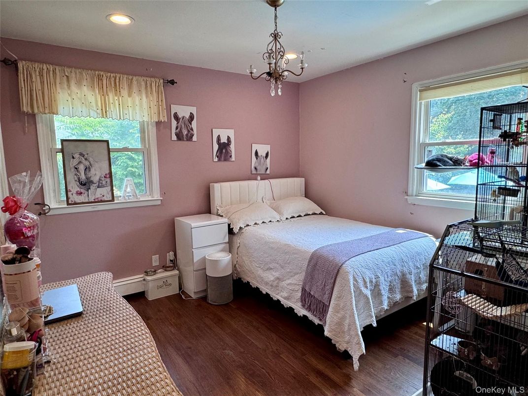 Bedroom, Chandelier, Interior, Recessed Lighting, Wood Texture Flooring