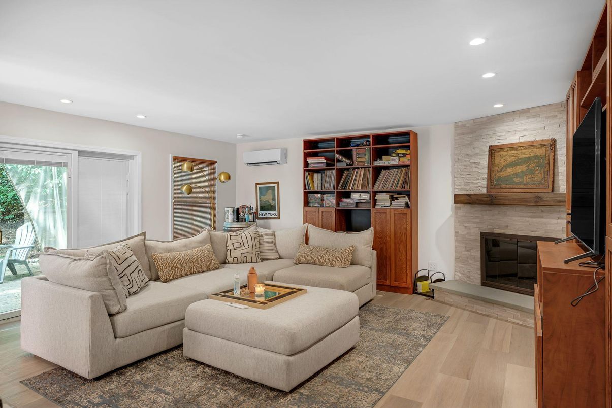 Fireplace, Interior, Living room, Recessed Lighting, Wood Texture Flooring
