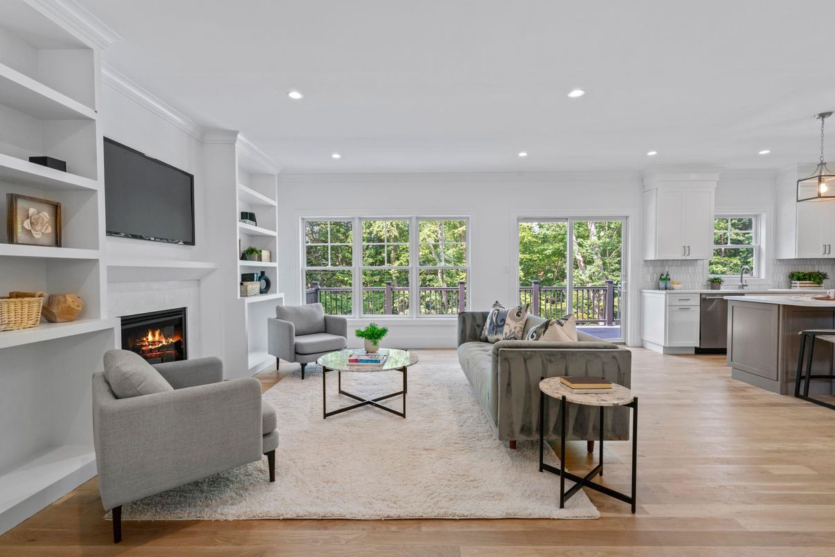 Fireplace, Interior, Kitchen, Living room, Pendant Lights, Recessed Lighting, Wood Texture Flooring