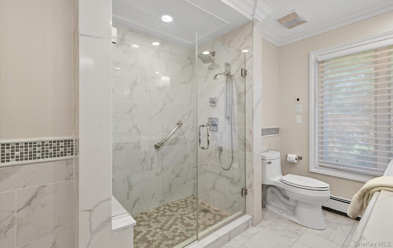 Bathroom, Glass Shower, Interior, Marble, Marble Walls, Recessed Lighting