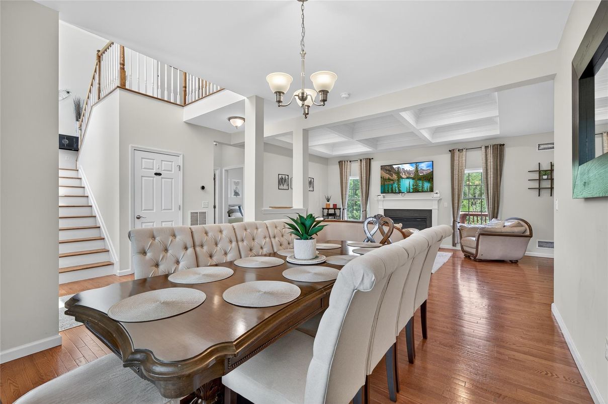 Chandelier, Dining room, Fireplace, Interior, Living room, Wood Texture Flooring