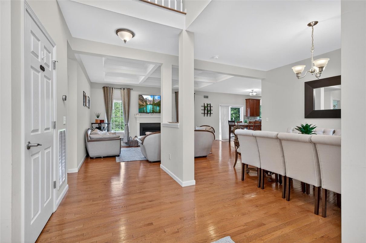Chandelier, Dining room, Fireplace, Interior, Living room, Wood Texture Flooring