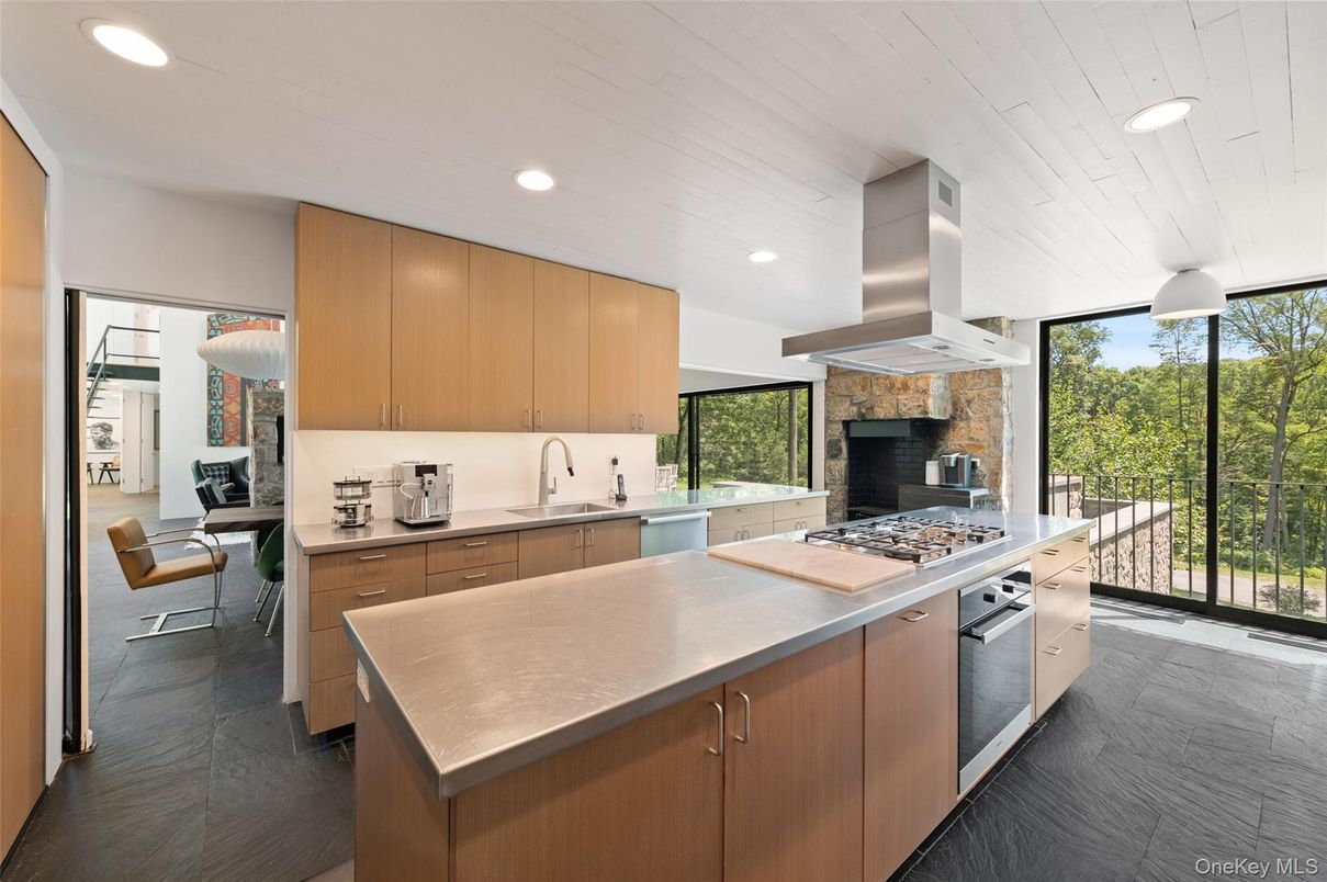 Fireplace, Interior, Kitchen, Recessed Lighting, Stainless Steel Appliances