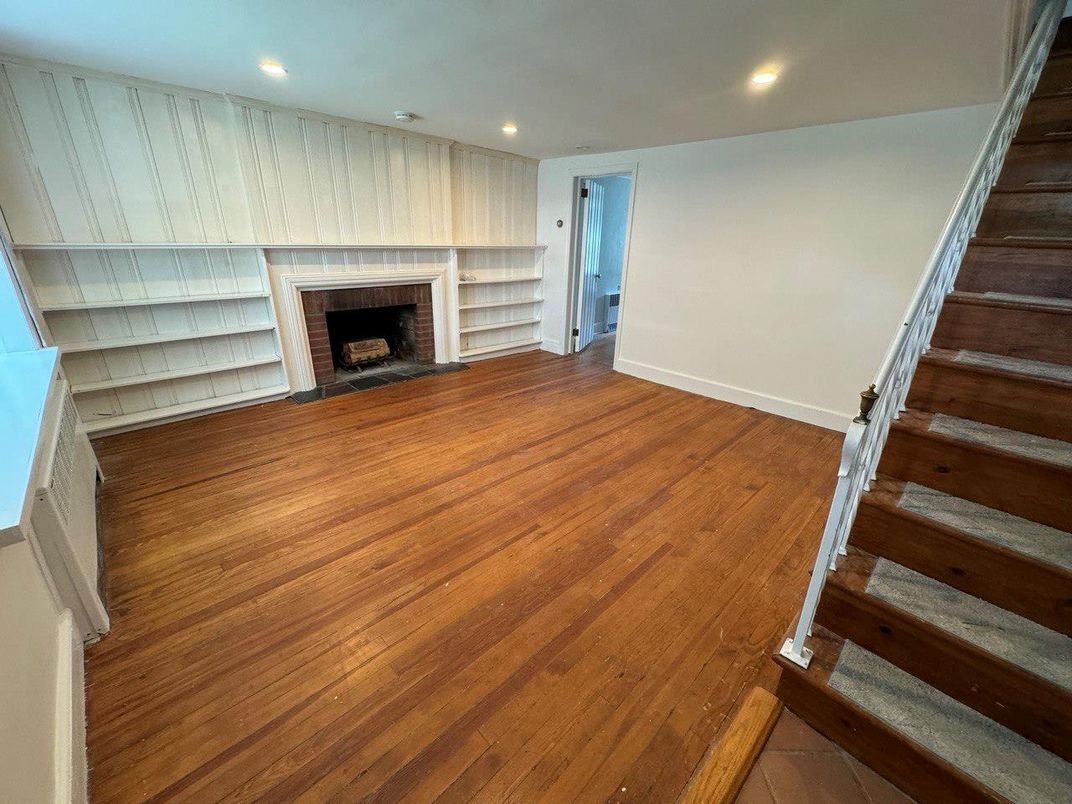Empty room, Fireplace, Interior, Recessed Lighting, Wood Texture Flooring