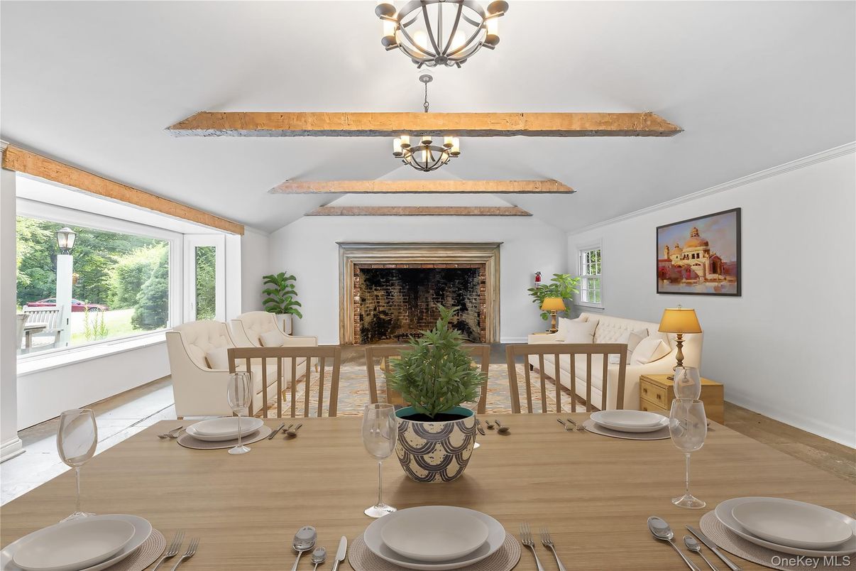 Chandelier, Dining room, Interior, Wooden Beams