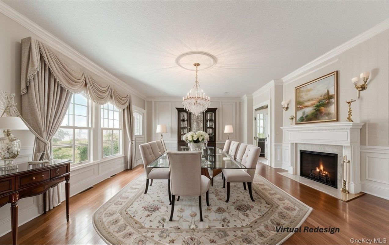 Chandelier, Dining room, Fireplace, Interior, Wood Texture Flooring