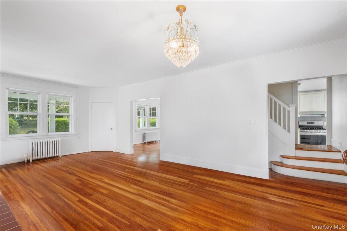 Chandelier, Empty room, Interior, Kitchen, Stainless Steel Appliances, Wood Texture Flooring