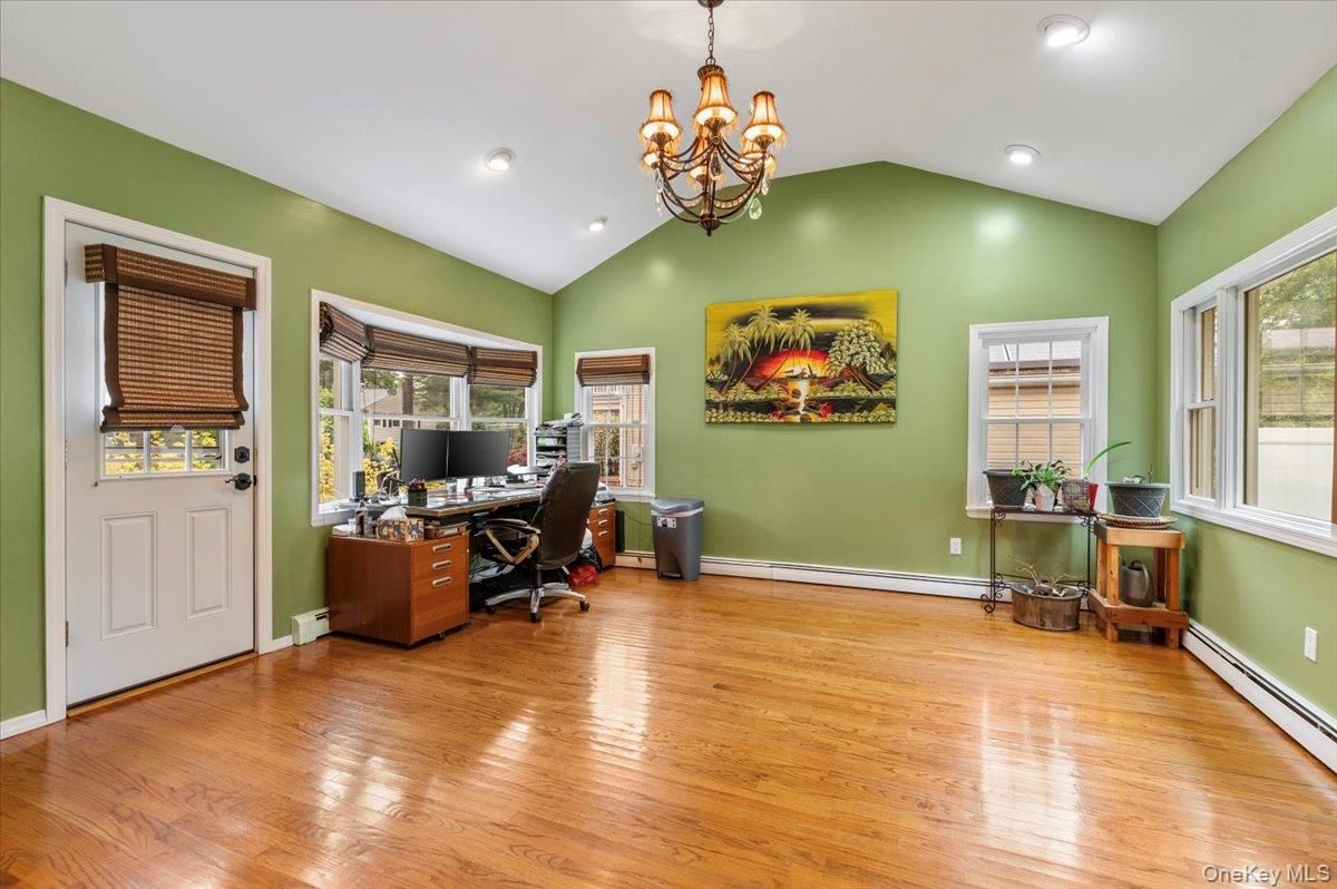 Chandelier, Home Office, Interior, Recessed Lighting, Wood Texture Flooring