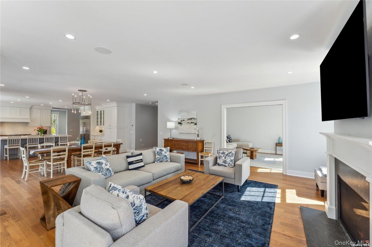Dining room, Fireplace, Interior, Kitchen, Living room, Pendant Lights, Recessed Lighting, Wood Texture Flooring