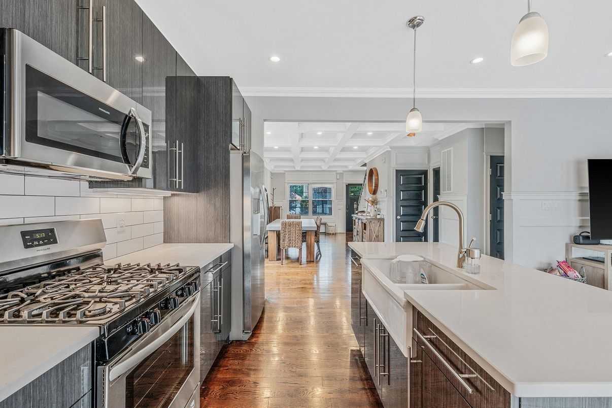 Interior, Kitchen, Pendant Lights, Recessed Lighting, Stainless Steel Appliances, Wood Texture Flooring