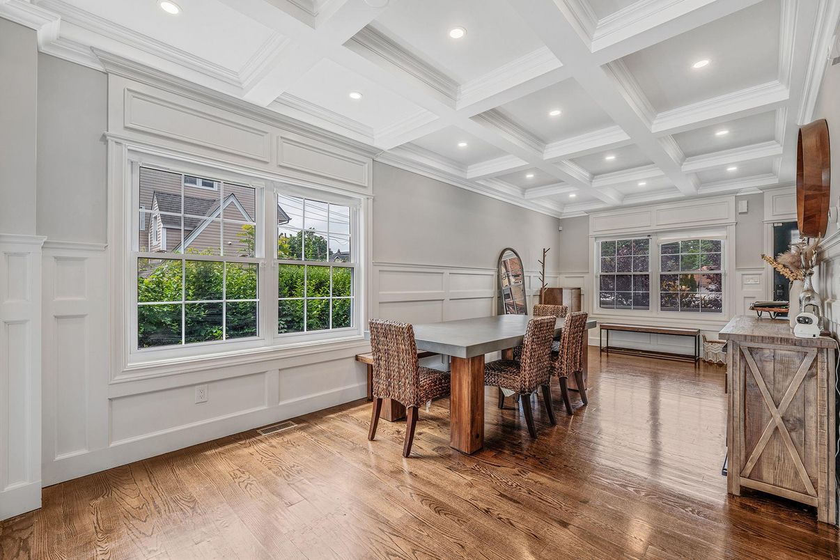 Dining room, Interior, Recessed Lighting, Wood Texture Flooring